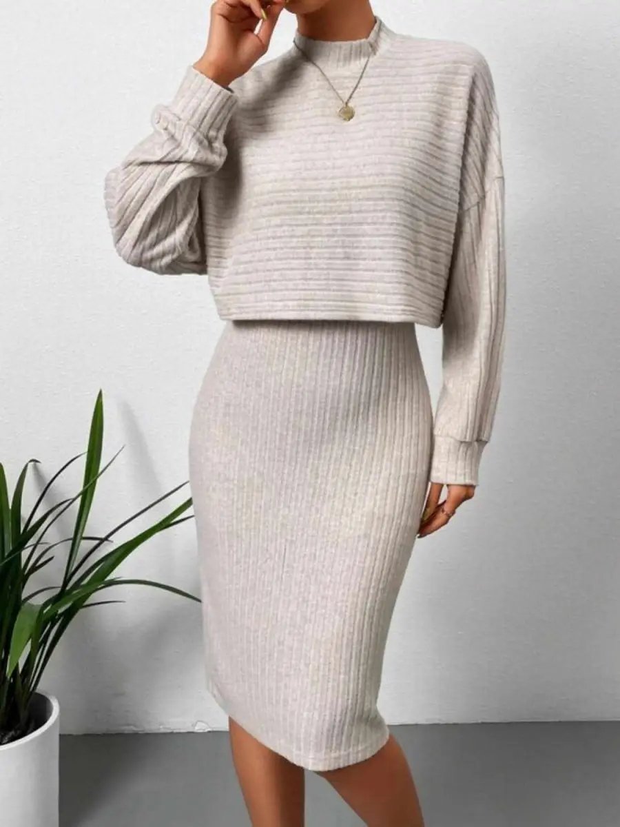 Mock Neck Long Sleeve Top with Wide Strap Dress Combo Set - Love Salve